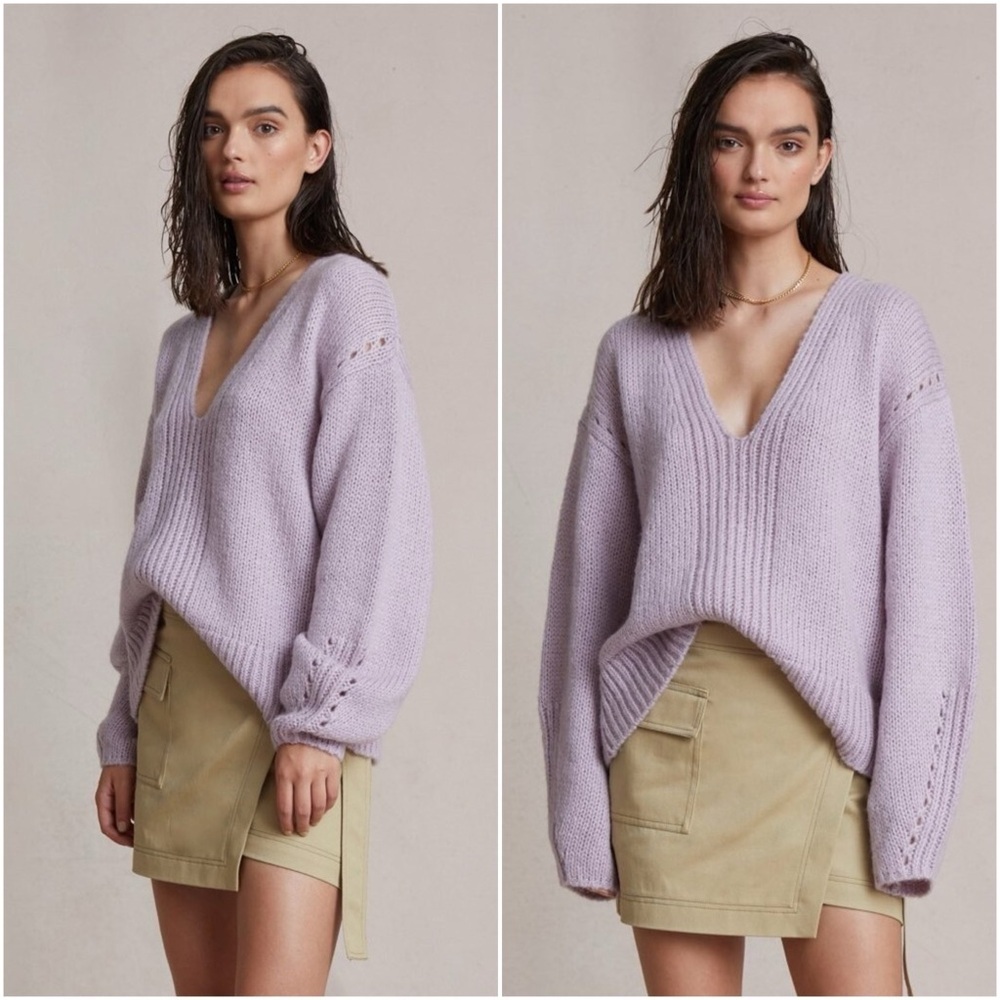 BEC & BRIDGE Women Sweater Purple Wool Mohair Size 2 Willa V Neck Balloon Sleeve